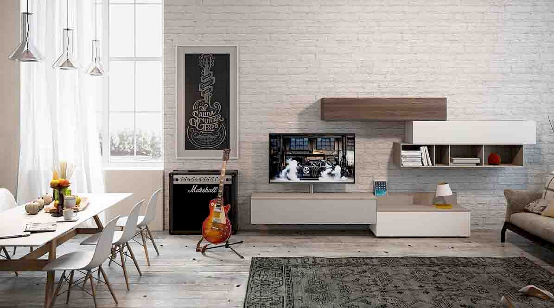 lounge with spectral tv stand and wall mounted hifi cabinets
