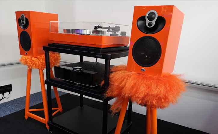 orange linn majik 109 speakers on range solidsteel stands