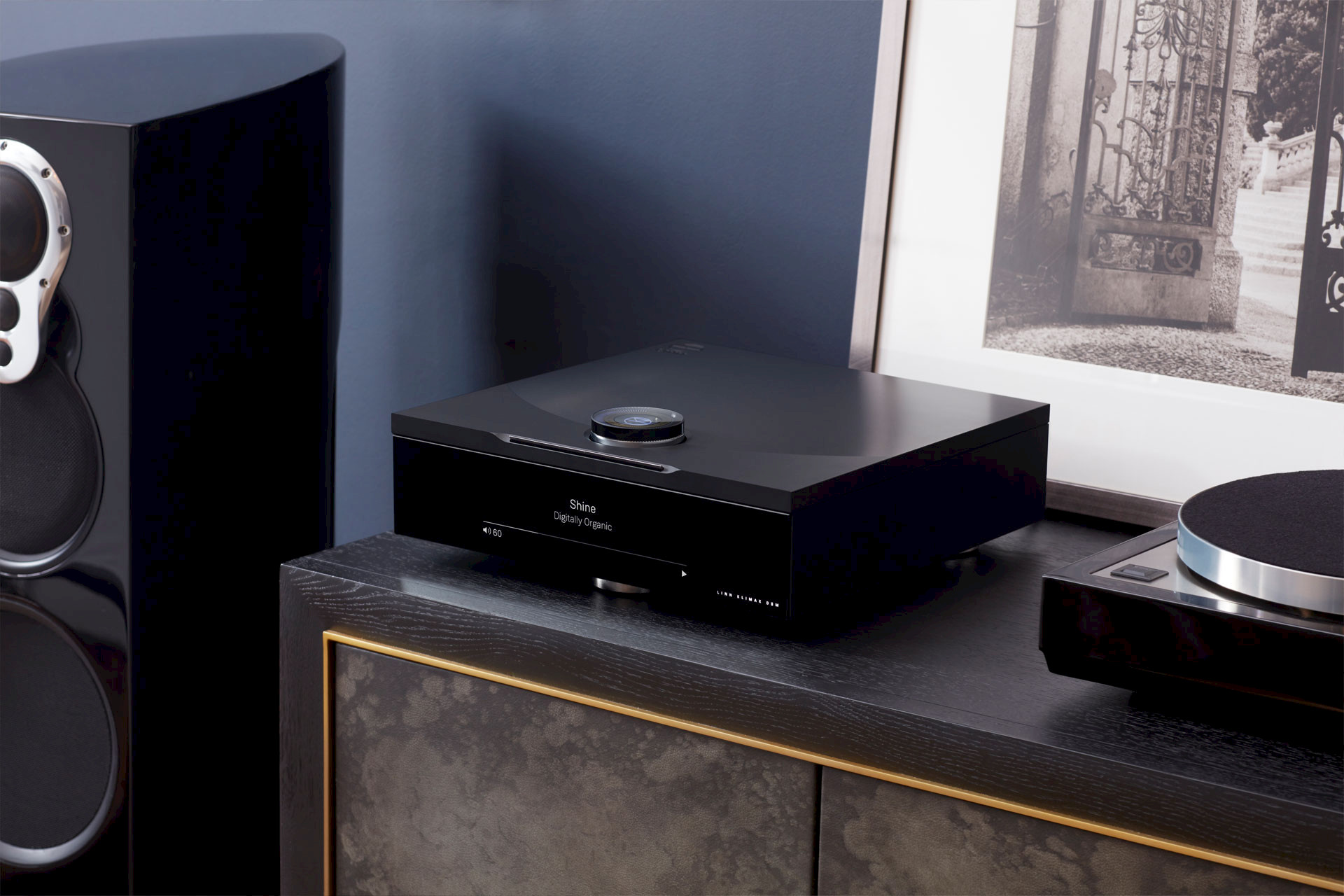 Linn 350 speakers stood next to a Klimax DSM and LP12 all in black on sideboard