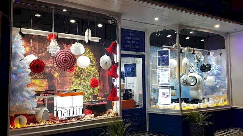 Martins hifi shop front with Christmas Decorations in the windows