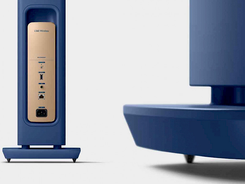 close up of the rear of blue kef ls60 speakers