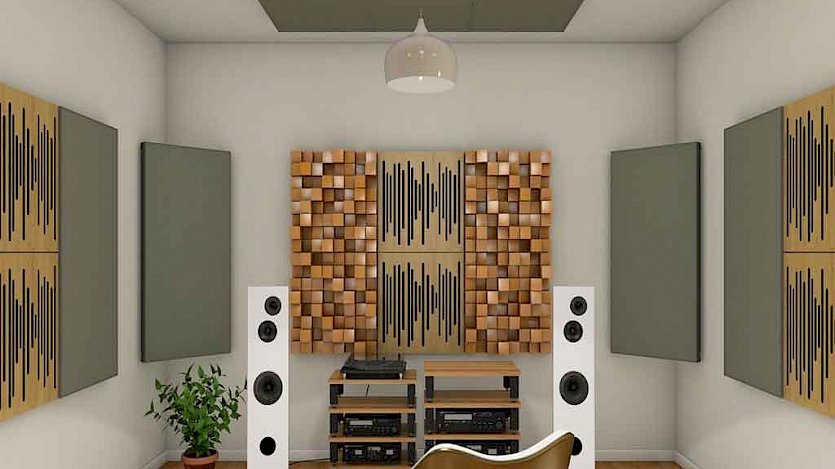 Vicoustic on wall panels in hifi room with white speakers