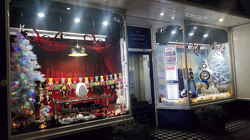 front of shop at christmas
